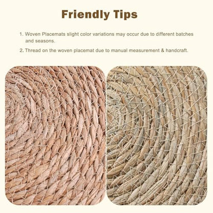 Boho Woven Placemats Set of 6 with Wooden Napkin Rings, 13" Natural Water Hyacinth Table Mats Charger Plates for Christmas Decorations, Thanksgiving, Rustic Dining & Home Decor