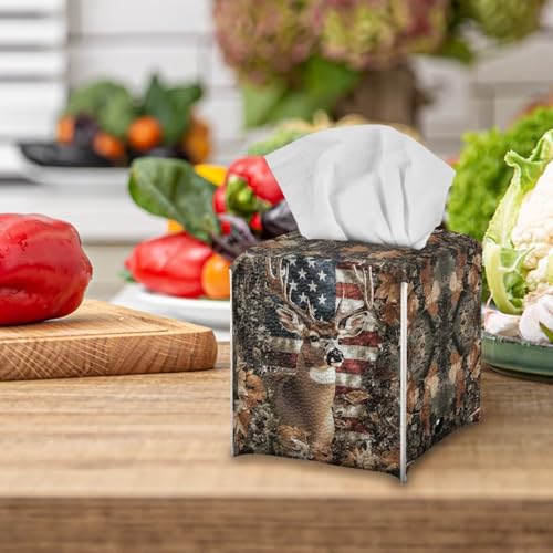 Deer Tissue Box Cover Forest Hunting Print Tissue Box Holder Waterproof PU Leather Holder for Facial Paper American Flag Facial Napkin Organizer Dispenser - color: Deer American Flag Leaf Camo