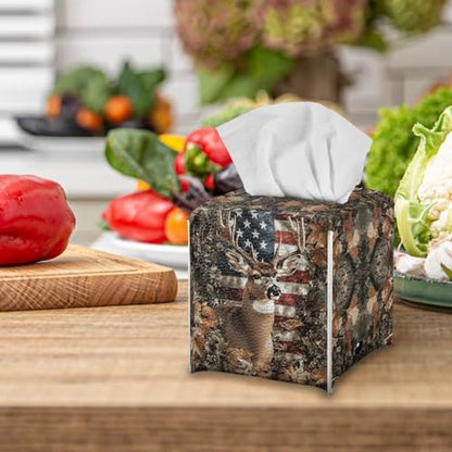 Deer Tissue Box Cover Forest Hunting Print Tissue Box Holder Waterproof PU Leather Holder for Facial Paper American Flag Facial Napkin Organizer Dispenser - color: Deer American Flag Leaf Camo