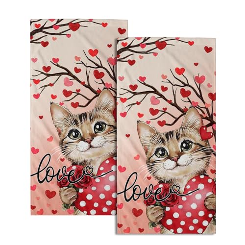 Imiss Red Cat Heart Rose Hand Towels - Red Love Hearts Tree Decorative Bathroom Kitchen Dish Towel Set of 2 Holiday Guest Towels 14.4 x 28.3 Inch for Gym,Spa,Hotel - color: Cat With Red Rose Floral