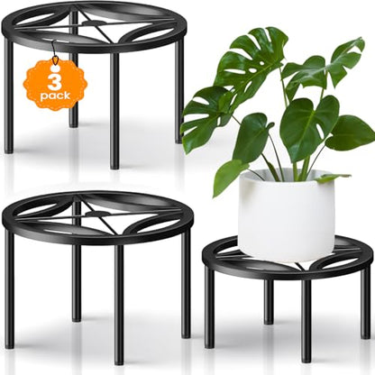 TOSKING 3-Pack Fully Assembled Heavy Duty Low Metal Plant Stand for Indoor & Outdoor – Original Geometric Flower Pot Holder for Heavy Potted Plant, Rustproof Iron Riser with Adjustable Feet, 200 LBS & 150 LBS, No Installation, Black (10.24" & 8.66" Dia) -