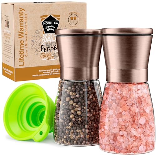 Home EC Original Copper Salt and Pepper Grinder Set of 2 - Adjustable Ceramic Grinder - Glass Salt and Pepper Shakers With Funnel and Ebook - Kitchen Spice Mill - Copper Kitchen Accessories - color: Copper Top/Clear Glass, size: 2pk