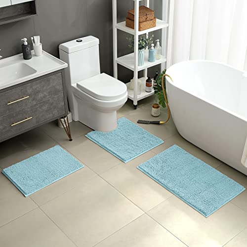 HOMEIDEAS 3 Pieces Bathroom Rugs, Ultra Soft Non Slip Absorbent Chenille Toilet Bath Mat Set (Light Blue) - color: Blue-light Blue, size: 17"x24"+20"x32"+U Shape 20"x24"