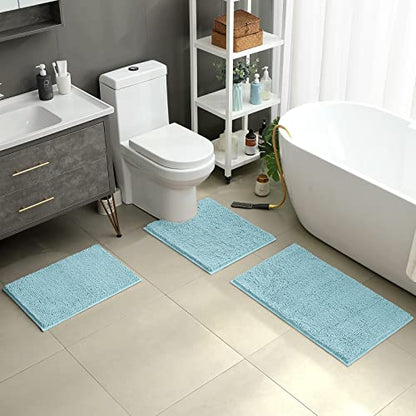 HOMEIDEAS 3 Pieces Bathroom Rugs, Ultra Soft Non Slip Absorbent Chenille Toilet Bath Mat Set (Light Blue) - color: Blue-light Blue, size: 17"x24"+20"x32"+U Shape 20"x24"