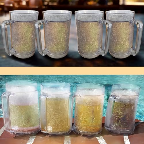 Lily's Home Freezer Beer Mugs with Handles, 16 oz Set of 4 – Clear Frosted Double Wall Insulated Acrylic, Gel-Filled, Break-Resistant for Home Bar, Pool Parties, BBQ & Outdoor - style: With handle(16oz)