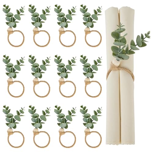 APTWOW Napkin Rings Set of 12, Easter Napkin Rings, Boho Eucalyptus Leaf Napkins Rings, Wood Bead Farmhouse Easter Napkin Holder for Weddings Christmas Party Table Decoration - size: 12, style: Eucalyptus Leaf