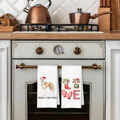 Christmas Whippet Kitchen Dish Towels 2 Pack - Whippet Dog Lover Gift, Waffle Weave Christmas Hand & Tea Towels for Kitchen Bathroom, 16x24 Inches - color: Whippet Christmas