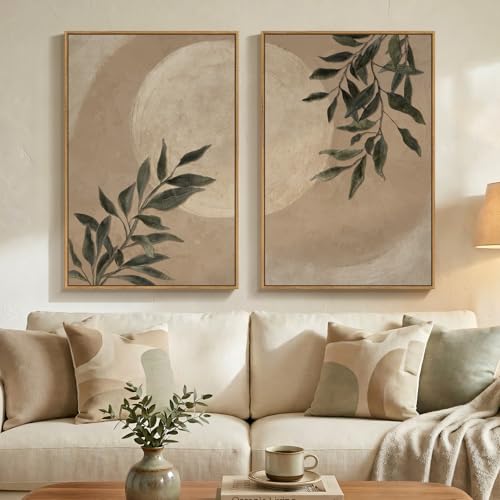 Large Framed Botanical Moon Wall Art for Living Room, Vintage Neutral Nature Canvas Painting Prints Set of 2, Rustic Farmhouse Minimalist Leaf Wall Decor for Bedroom Dining room Hallway, 24x36 Inch - color: Beige & Green, size: 24" W x 36" H x 2Pcs