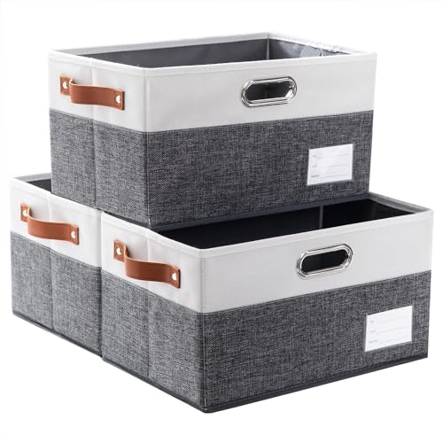Larger Foldable Storage Bins with Handles [3-Pack] Fabric Collapsible Storage Boxes Baskets Cubes Containers with Handles for Closet Living Room Bedroom (Grey & White 17.3x12.2x10.4') - color: Grey & Cream, size: Jumbo(3-Pack)