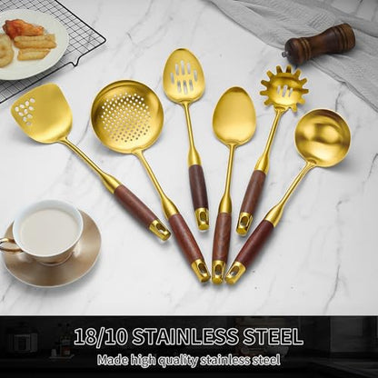 Izurok 18/10 Stainless Steel Kitchen Utensils Set,6 Piece Cooking Utensils With Wood Handle,Heat Resistant Kitchen Tool Set With Spatula, Spoon, Ladle, Skimmer, Slotted Spoon, Pasta - color: GOLD-6 Pieces, size: Large