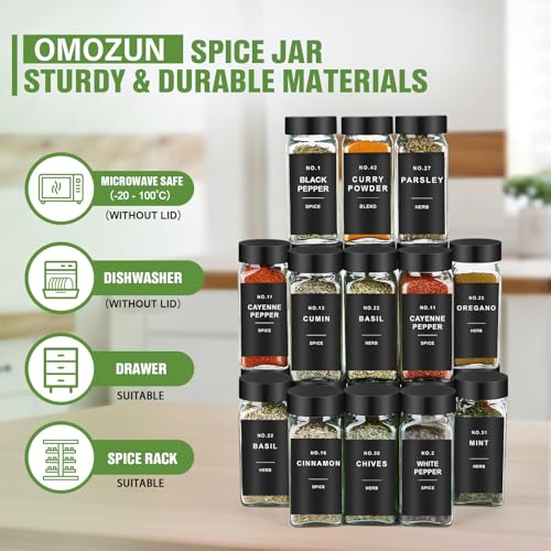 Spice Jars with Label, 24pcs 4oz Glass Spice Jars with Black Lids | Square Spice Containers with 304 Labels and Shaker Inserts, Empty Seasoning Bottles for Drawer, Cabinet, Seasoning Organizer - color: Black Lid*24 Jars
