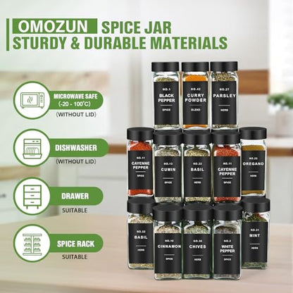 Spice Jars with Label, 12pcs 4oz Glass Spice Jars with Black Lids | Square Spice Containers with 152 Labels and Shaker Inserts, Empty Seasoning Bottles for Drawer, Cabinet, Seasoning Organizer - color: Black Lid*12 Jars