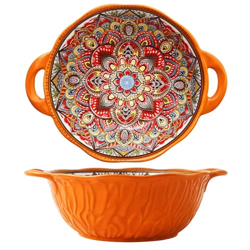 2 Pack Boho Ceramic Serving Bowls with Handles, 40 Oz Porcelain Salad Bowls, Large Serving Dishes for Entertaining, Mixing Bowls for Soup, Stew, Pasta, Cereal, Colorful Embossed Cute Bowls Set MLKS - color: Orange