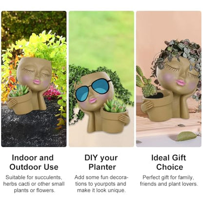 Face Planter Pot, Lady Head Planter with Drainage Holes, Khaki | Dual-compartment lady head planter with drainage holes for succulents, cactus, and air plants - color: Khaki