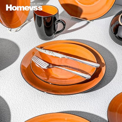 HomeVss Sonoma 16 Piece Stoneware Dinner Set, Outside Black + Inside Handpainted Color Orange with speckle - color: Orange