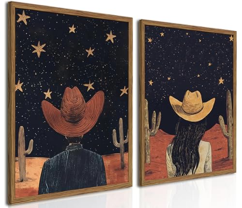 Framed Boho Western Cowboy and Cowgirl Wall Art Set of 2, Vintage Southwestern Desert Starry Sky Cactus Pictures Wall Decor, Rustic Farmhouse Paintings Canvas Prints for Living Room Bedroom 12x16 inch - color: Cowboy, size: 16L" x 12W"