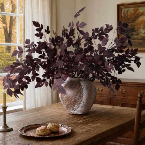 Artificial Cimicifuga Plant Leaf Spray Stems 4PCS Fake Greenery Branches 28.7 in Faux Leaves Real Touch Silk Plants DIY Stem for Vase Festival Home Kitchen Garden Farmhouse Decor (Burgundy) - color: Burgundy Cimicifuga