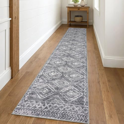 KILOCOCO Hallway Runner 2x10 ft Washable Runner Rug Non Slip, Grey | Low-Pile Entryway Runners, Rubber Backed Runner Rug, Printed Kitchen Runner Rug, Soft Geometric Rugs for Hall Living Room - color: Grey, size: 2' x 10' (Runner)