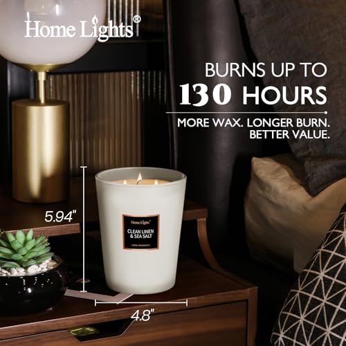 HomeLights Scented Candles - Large Jar Aromatherapy, Natural Soy Wax, 130 Hour Long Burning, Clean Linen & Sea Salt - color: Clean Linen & Sea Salt