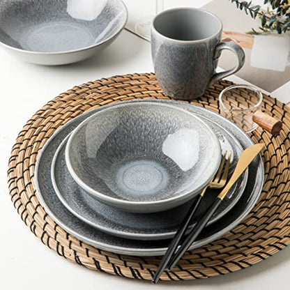 Arora FAIT Round Stoneware 16pc Dinnerware Set for 4, Dinner Plates, Side Plates, Cereal Bowls, Mugs - Reactive Glaze Grey (448158) - color: Grey-Bowl/Mug (1), style: Round-Service for 4(16pcs)