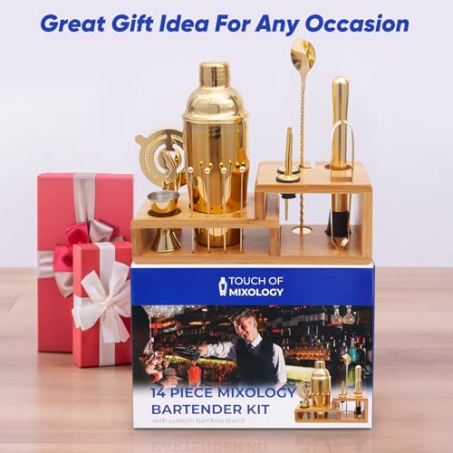 14PC Bartender Kit - Gold Cocktail Shaker Set - All Barware Essentials for Drink Mixing Includes Stand, Martini Shaker, Jigger, Strainer, Mixer Spoon, Muddler, Liquor Pourers, Touch of Mixology - color: Gold