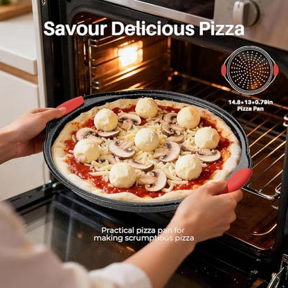 11-Piece Nonstick Stackable Baking Pans Set, Non Toxic Oven Pans, Red&Black | Toxin-Free Bakeware Sets, Baking Pan Set with Silicone Handles, Includes Cookie Sheets, Loaf Pan, Pizza Pan, Muffin Pan