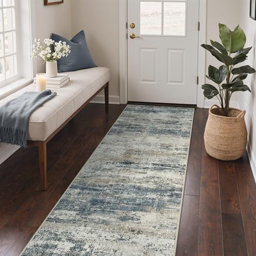GENIMO 2x10 Runner Rug Non Slip Washable for Hallway Entryway Navy Blue | Modern Abstract, Lightweight Low Pile Thin Carpet, Spill and Stain Resistant Soft Mat for Kitchen Floor, Laundry Room Bedroom - color: Navy Blue Gray, size: 2' x 10' (Rectangular)