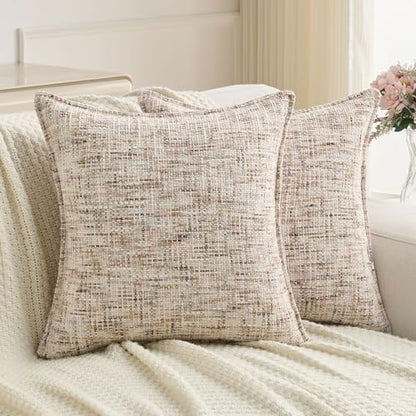FUTEI Pack of 2 Tweed Chenille Throw Pillow Covers 16x16 Inch, Beige Brown | Premium Chenille Front/ Smooth Velvet Back,Hidden Zipper,Machine Washable,Pilling-Resistant,Colorfast, Insert Not Included. - color: Beige Brown, size: 16" x 16" (Pack of 2)