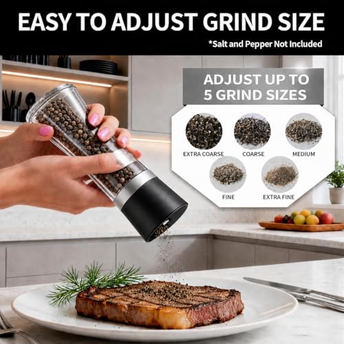Premium Salt and Pepper Grinder Set of 2, 6 oz Refillable Glass Salt and Pepper Shakers with Adjustable Ceramic Grinder, Manual Pepper Mill Set Includes Funnel & Cleaning Brush, ransparent Lid - color: Black, size: 2.5"W x 7.5"H