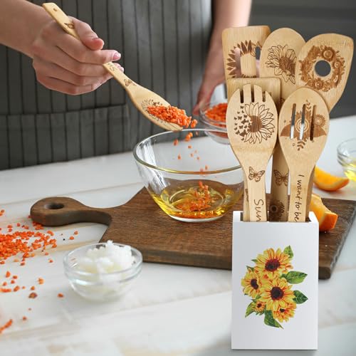 7 Pcs Sunflower Kitchen Utensils Set Bamboo Spoons for Cooking with Utensils Holder Sunflower Kitchen Decor Cute Utensil Caddy Farmhouse Kitchen Counter Decor for Countertop