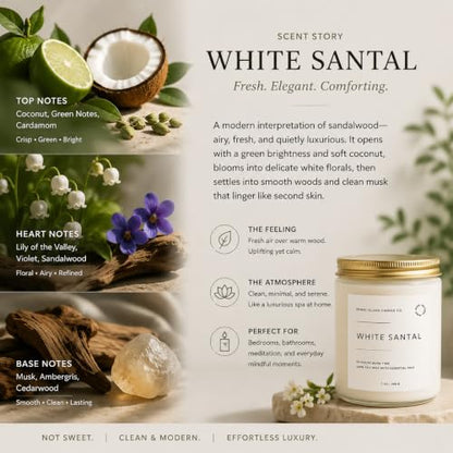 White Santal Scented Candle for Home | Natual Soy Wax | 50 hrs Burn Time | Hand Poured in Small Batches | Premium Fragrance - color: White Santal