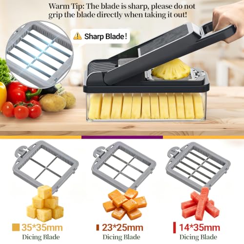 15-in-1 Vegetable Chopper 10 Blades, Veggie Cutter with Handle, Grey | Stainless Steel Blades, Food Container and Lid, Dicer, Slicer, Julienne, Egg Separator, Non-slip Base, Include Cleaning Tools - color: Gray, size: 10 blades