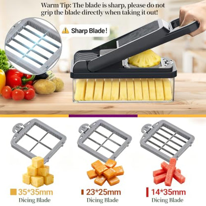 15-in-1 Vegetable Chopper 10 Blades, Veggie Cutter with Handle, Grey | Stainless Steel Blades, Food Container and Lid, Dicer, Slicer, Julienne, Egg Separator, Non-slip Base, Include Cleaning Tools - color: Gray, size: 10 blades