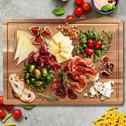 17" Acacia Wood Cutting Boards for Kitchen Meat Large Wooden Chopping Board | Best Cheese Charcuterie Boards Decorative Solid Hardwood Cutting Board Non Toxic Thick Butcher Block Big Serving Bread Board - size: 17"L x 12"W