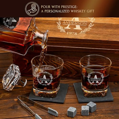 Personalized Old Fashioned Whiskey Decanter and Stones Set | Customized Gift for Him - Men, Dad, Father - Engraved Decanter, Glasses, 9 Granite Stones, Coasters, Tongs, Gift Wooden Box