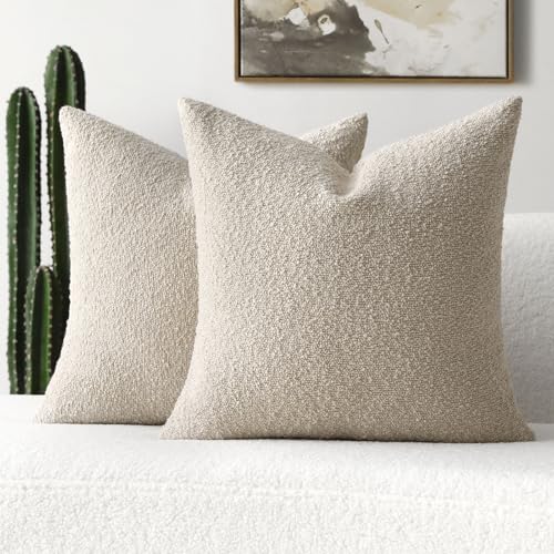 FUTEI Pack of 2 Beige Decorative Throw Pillow Covers 18x18 Inch Soft Cozy Solid Boucle Textured Cushion Case,Modern Home Decor for Couch Bed Living Room - color: Beige, size: 18" x 18" (Pack of 2)