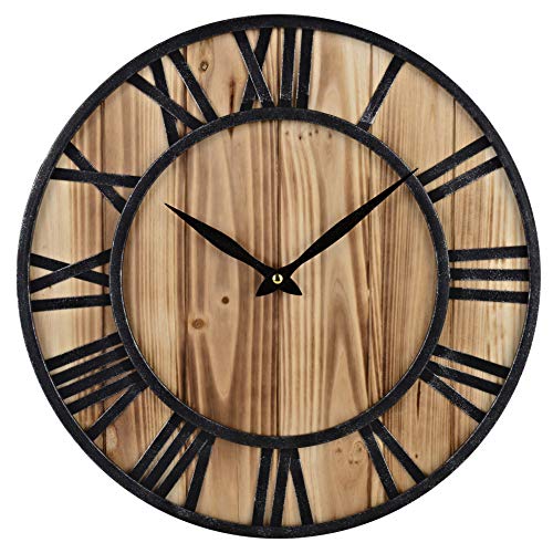 16-Inch Rustic Vintage Metal & Wood Silent Non-Ticking Decorative Wall Clock with Large Roman Numerals