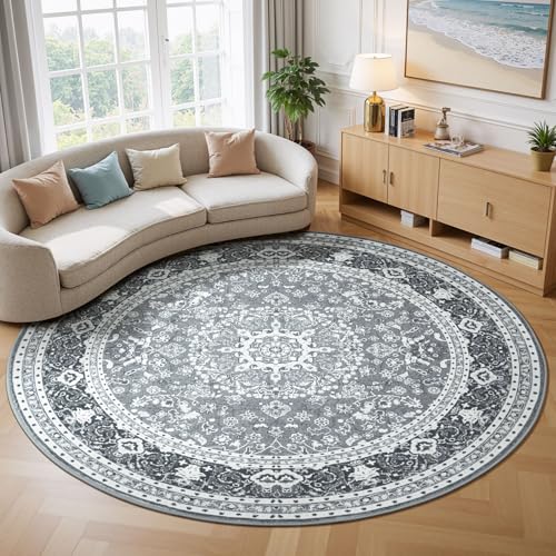 6FT Washable Round Area Rugs for Living Room, Non Slip Circle Rugs | Low Pile Vintage Carpets for Bedroom Dining Room, Nursery, Home Office, Kid Pet Friendly, All Vacuums Compatible, Grey White - color: Grey White, size: 6' (Round)