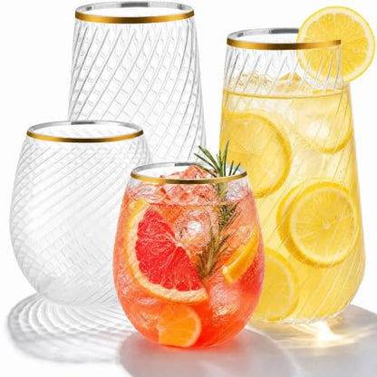48 Pack Plastic Wine Glasses – 24 x 9oz Stemless Champagne Flutes & 24 x 12oz Disposable Wine Glasses – Elegant Disposable Plastic Cups with Gold Rim – BPA-Free Drinkware for Weddings, Parties-Spiral - color: Gold Rim Hammered
