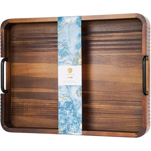 Acacia Wood Serving Tray with Metal Handles, Engraved, 17x13in | Decorative coffee table tray for living room & ottoman tray with anti-slip pads, bar tray, raised edges, and gift-ready box. - color: Dark Acacia / Black Handle, size: 17” × 13” × 2”