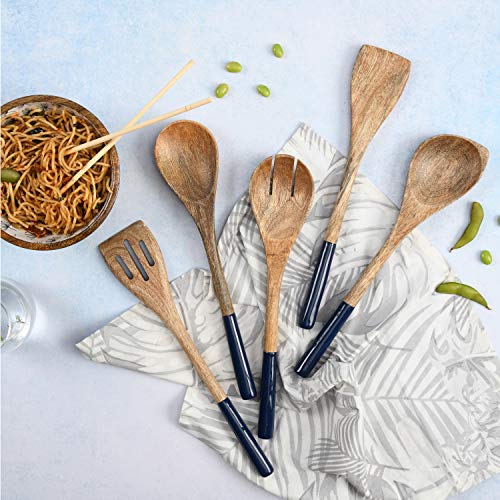 Folkulture Premium Wooden Spoons for Cooking,Kitchen Utensils Set of 5(12") | Soft, Comfort, Non-Toxic Cooking Utensils Set for Kitchen, Acacia Wooden Utensil Set, Cooking Gift, Kitchen Essential - color: Blue
