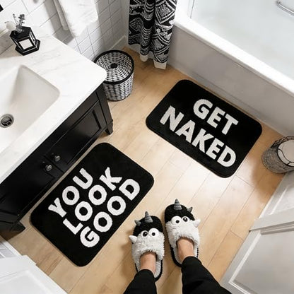 2PCS Get Naked Bath Mat & You Look Good Bath Rug, Funny Bathroom Rug Set | Black-and-White Microfiber Rugs, 16 X 24 In Each; Absorbent Pile, Non-Slip TPR Backing, Machine Washable For Samll Bathrooms - color: Black and White