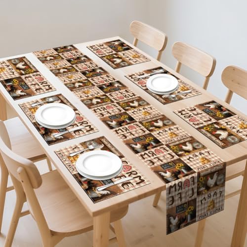 WADORN Vintage Rooster Farmhouse Table Runner and Placemats Set of 6, Sunflower Brown Buffalo Plaid Kitchen Dinning Table Decor Washable Rustic Farm Chicken Print Dining Setting for Home Outdoor Party - size: Vintage Rooster Sunflower