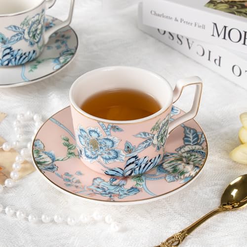 KAMMAK Tea Cups and Saucers Set of 2, Porcelain Coffee Cups, NX043 | Gold Rim, Stackable Espresso Mugs, Ceramic Demitasse for Coffee, Latte, Americano, Afternoon Tea, Elegant Gift for Women - size: 8CZNX043+44