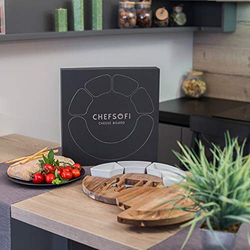 ChefSofi Charcuterie Board Set and Cheese Serving Platter - Made from Acacia Wood - US Patented 13 inch Cheese Board and Knife Set for Entertaining and Serving - 4 Knives and 4 Bowls - size: 13 inch