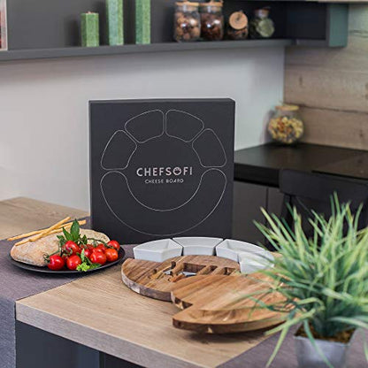 ChefSofi Charcuterie Board Set and Cheese Serving Platter - Made from Acacia Wood - US Patented 13 inch Cheese Board and Knife Set for Entertaining and Serving - 4 Knives and 4 Bowls - size: 13 inch