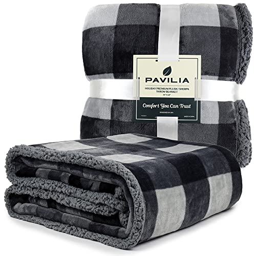 Pavilia Winter Cabin Sherpa Blanket Throw Twin | Flannel Fleece Christmas Plaid Holiday Blanket Gift | Plush, Soft, Warm, Cozy, Reversible Microfiber Throw 60x80 (Grey) - color: Grey, size: 60 x 80 Inches - Twin