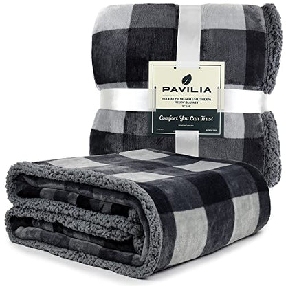 Pavilia Winter Cabin Sherpa Blanket Throw Twin | Flannel Fleece Christmas Plaid Holiday Blanket Gift | Plush, Soft, Warm, Cozy, Reversible Microfiber Throw 60x80 (Grey) - color: Grey, size: 60 x 80 Inches - Twin