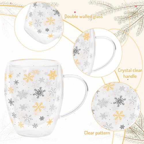JarThenaAMCS Christmas Double Wall Glass Coffee Mugs 12Oz Gold Silver Snowflake Insulated Glasses Clear Espresso Cups with Handle for Winter Xmas Holiday Supplies, Set of 2 - style: Gold Silver Snowflake