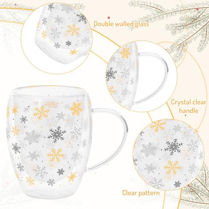 JarThenaAMCS Christmas Double Wall Glass Coffee Mugs 12Oz Gold Silver Snowflake Insulated Glasses Clear Espresso Cups with Handle for Winter Xmas Holiday Supplies, Set of 2 - style: Gold Silver Snowflake